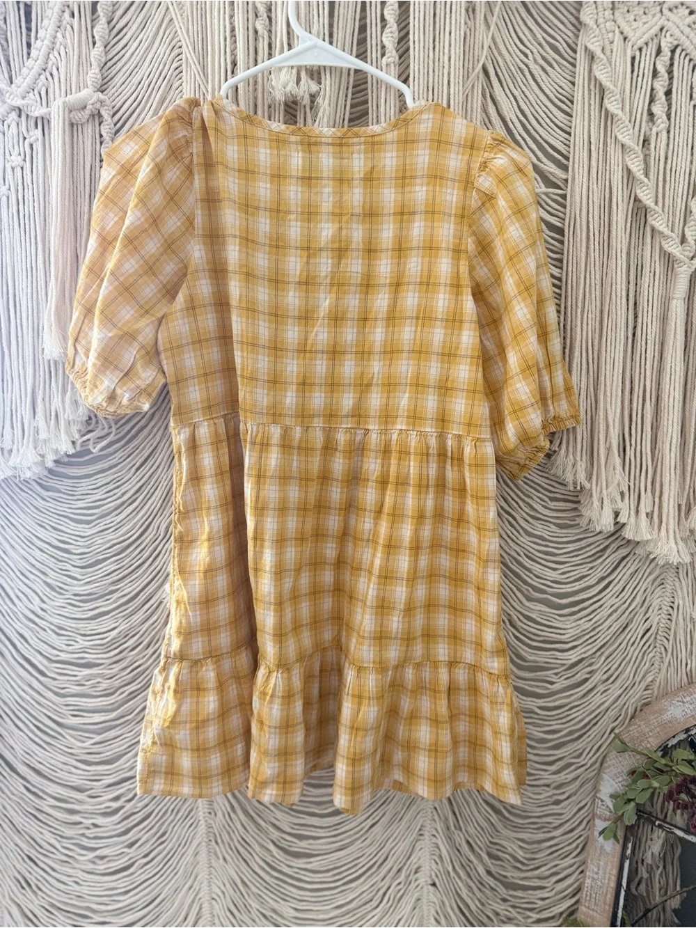 Old Navy Mustard Yellow Plaid Tie-Neck Puff Sleeve Dress